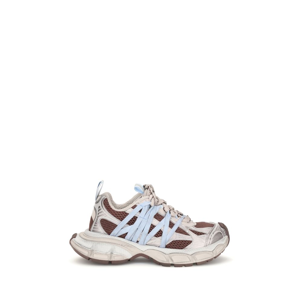 Balenciaga multicolor polyurethane athletic sneaker with brown mesh, silver overlays, and light blue laces.