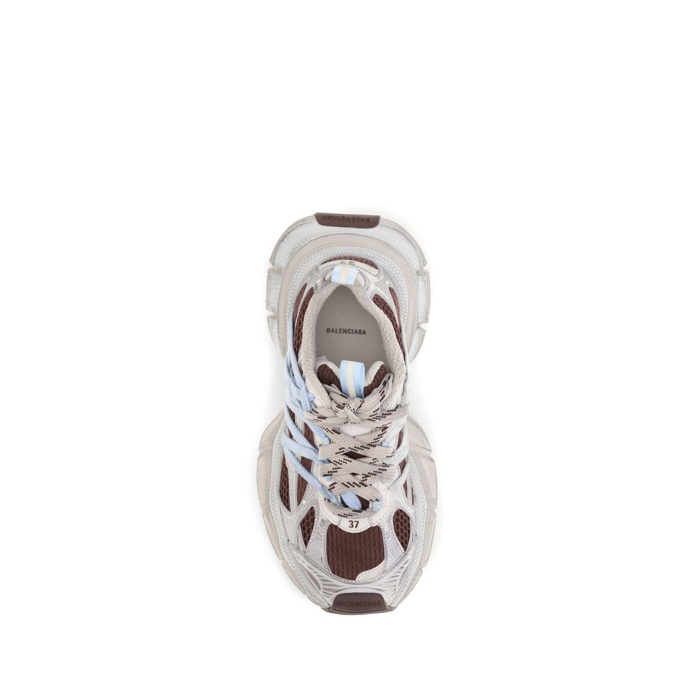 Balenciaga multicolor athletic sneaker with brown mesh, gray panels, and light blue accents.