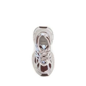 Balenciaga multicolor athletic sneaker with brown mesh, gray panels, and light blue accents.