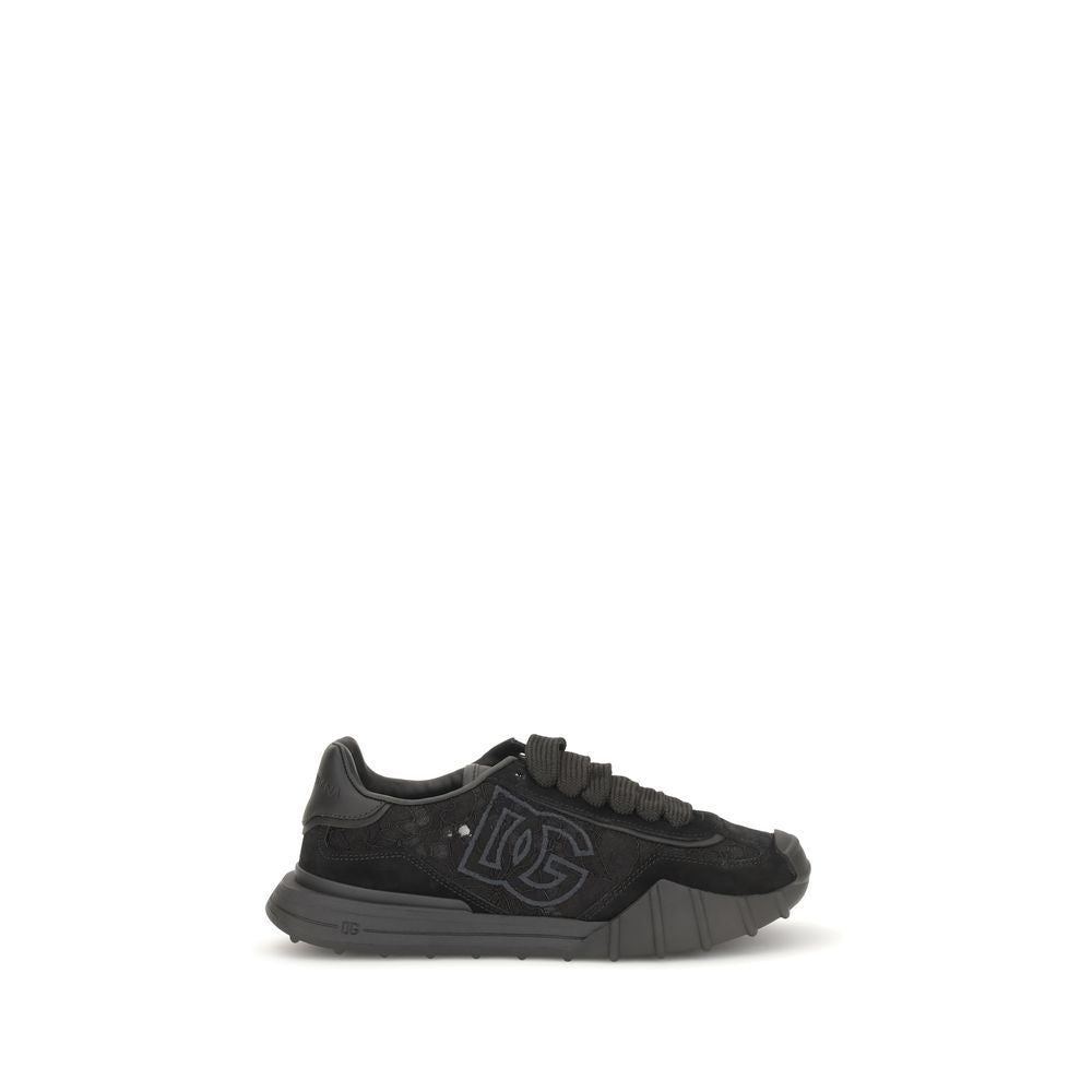Black sneaker with a brand logo on a white background