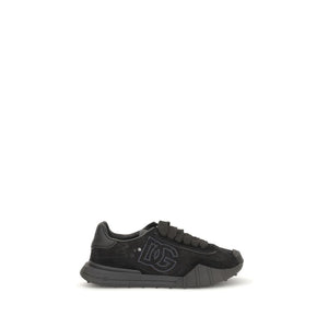 Black sneaker with a brand logo on a white background