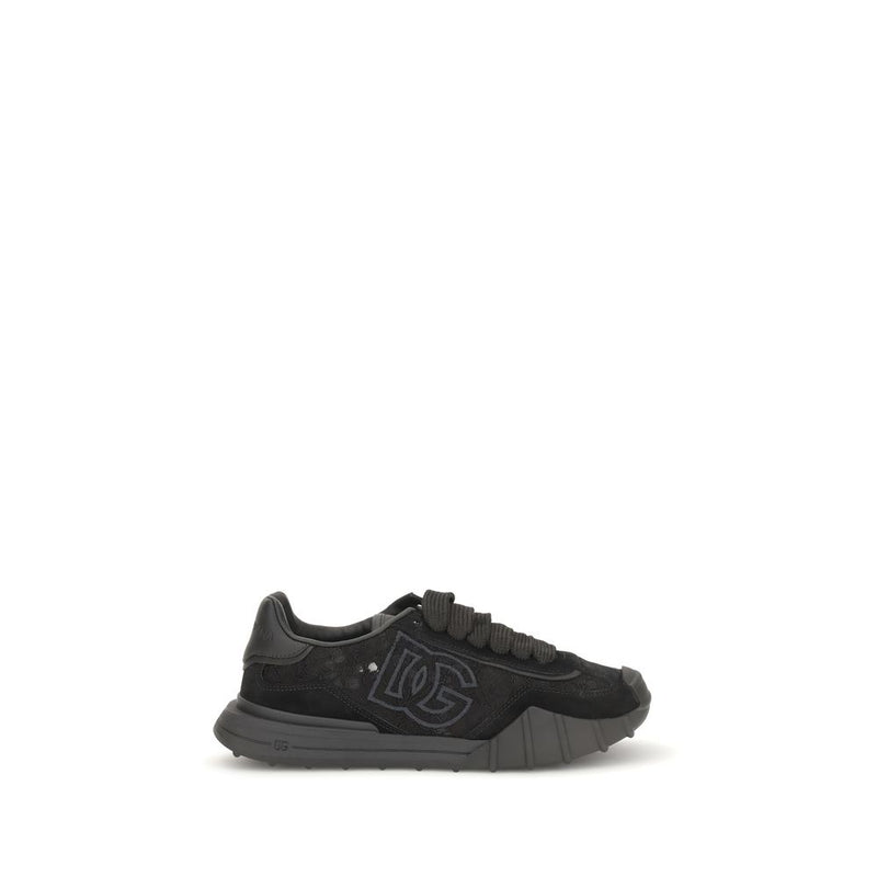 Black sneaker with a brand logo on a white background