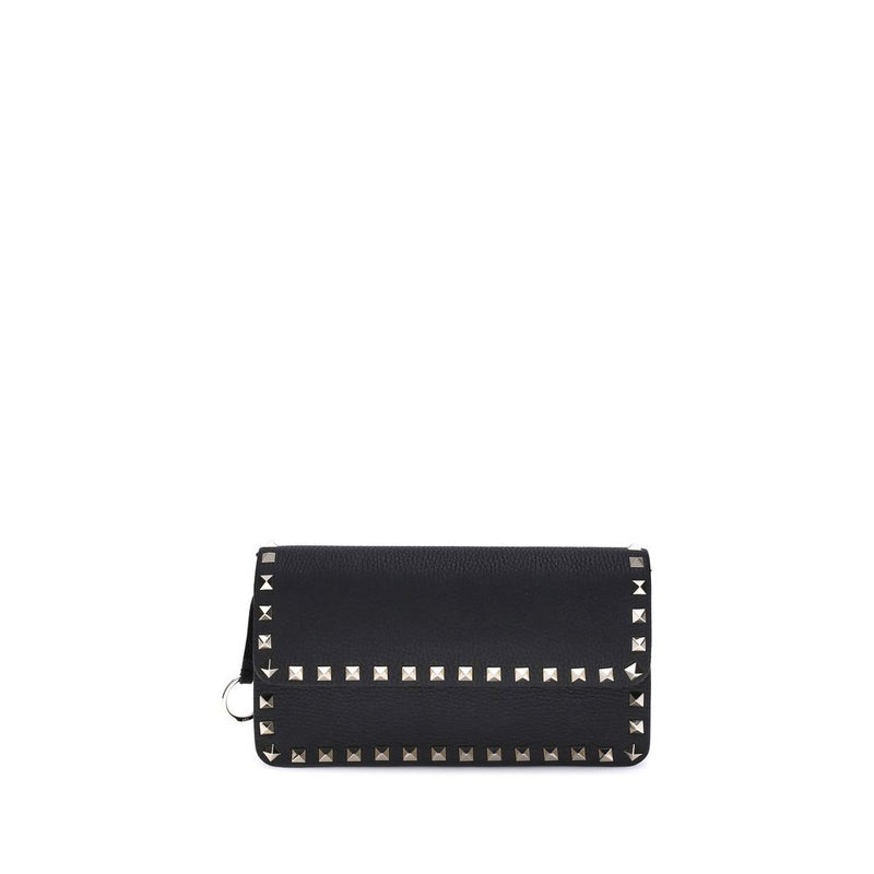 Black pebbled leather wallet studded with small silver hardware