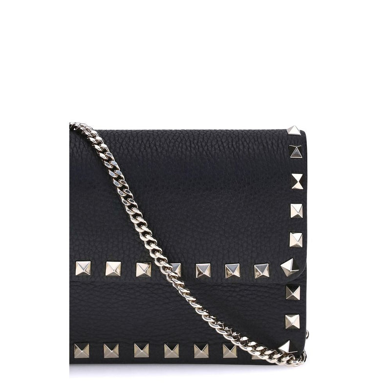 Valentino Garavani black calf leather wallet with silver studs and a chain strap
