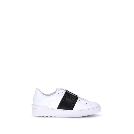 White sneaker with a black stripe on a white background