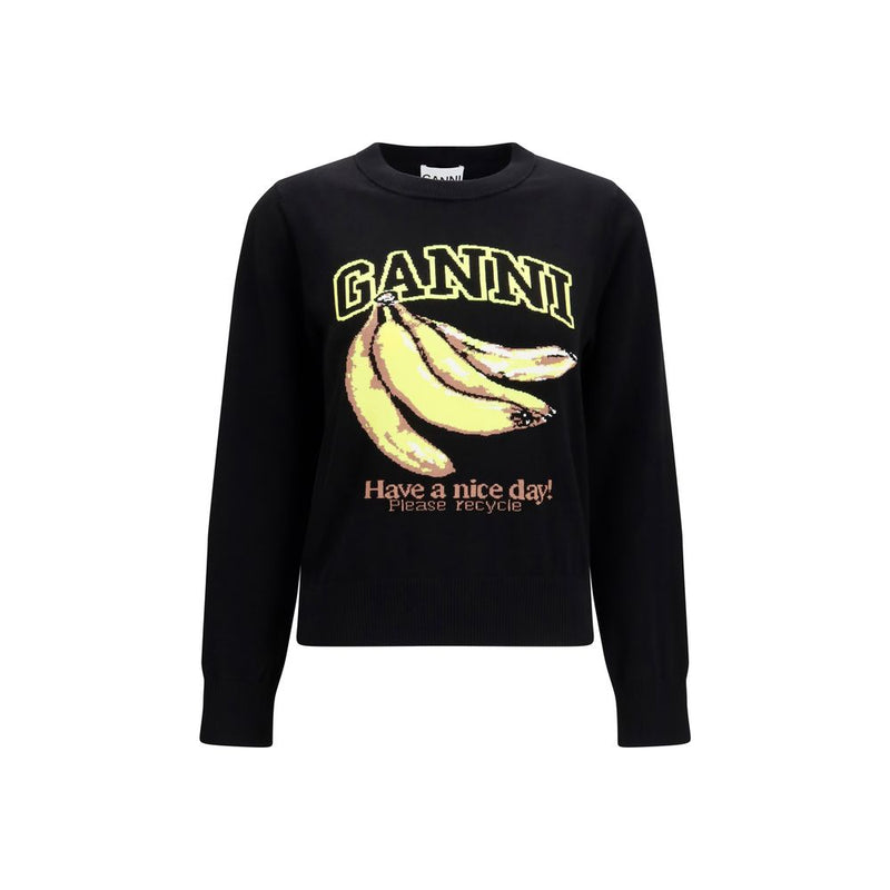 Black cotton crewneck sweatshirt with yellow Ganni logo and banana graphic on the front