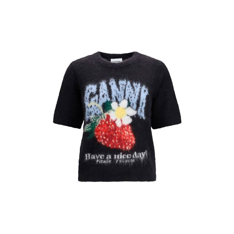 Black fuzzy alpaca-blend short-sleeve t-shirt with a blue logo, strawberry graphic, and text