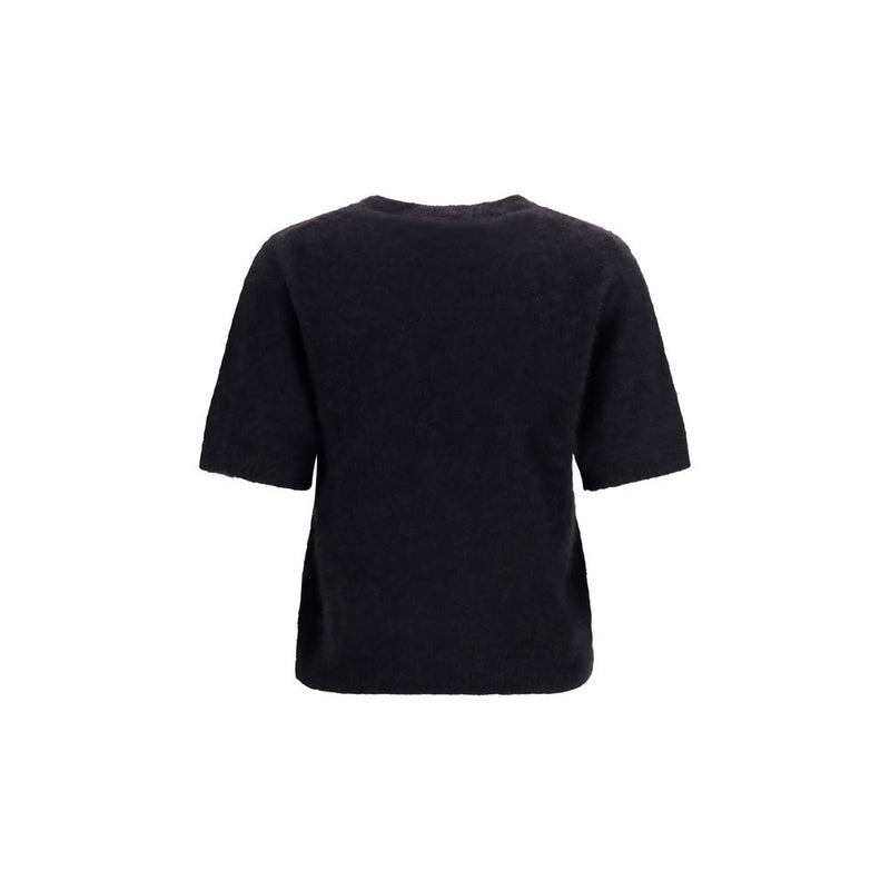 Black fuzzy alpaca wool short-sleeve t-shirt with a crew neckline