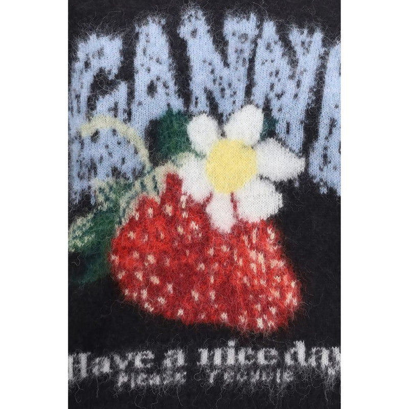 Black fuzzy alpaca t-shirt with blue Ganni logo, white flower, and red strawberry graphic