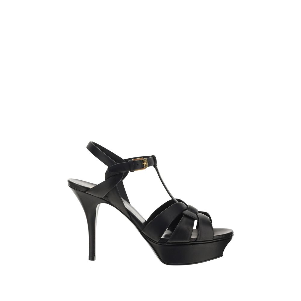 Black high-heeled sandal on a white background
