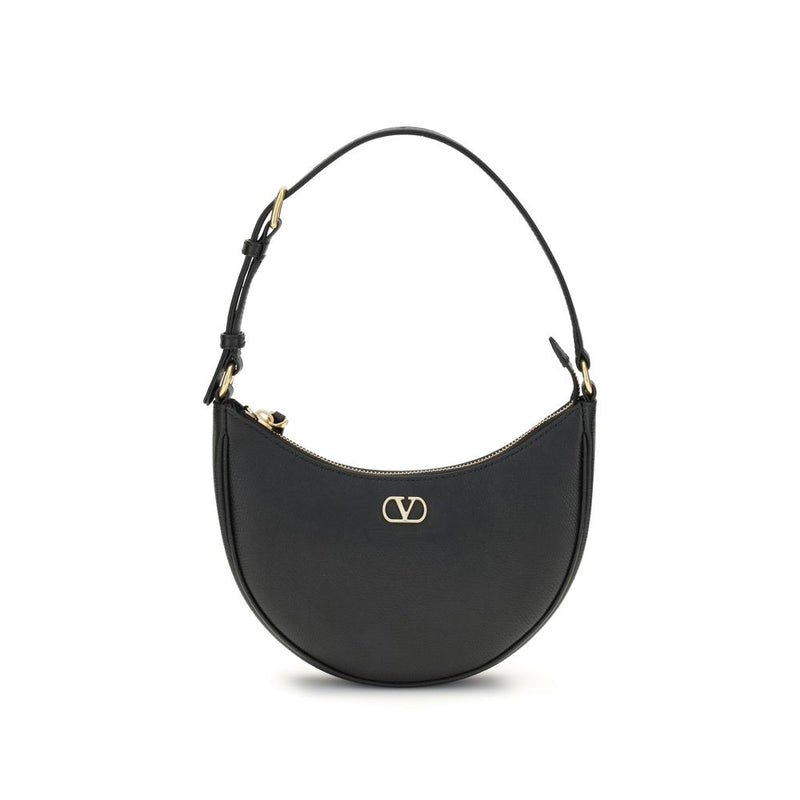 Black leather crescent-shaped shoulder bag with gold hardware and a gold V logo on the front