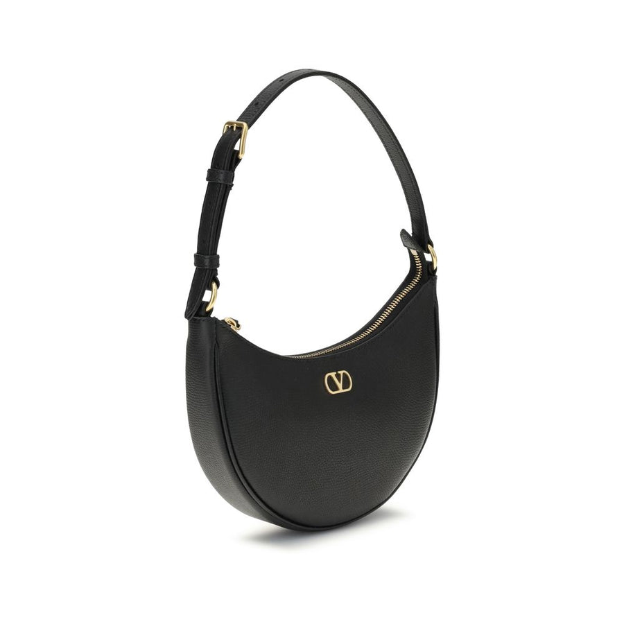 Black leather crescent-shaped shoulder bag with gold hardware and a gold V logo on the front