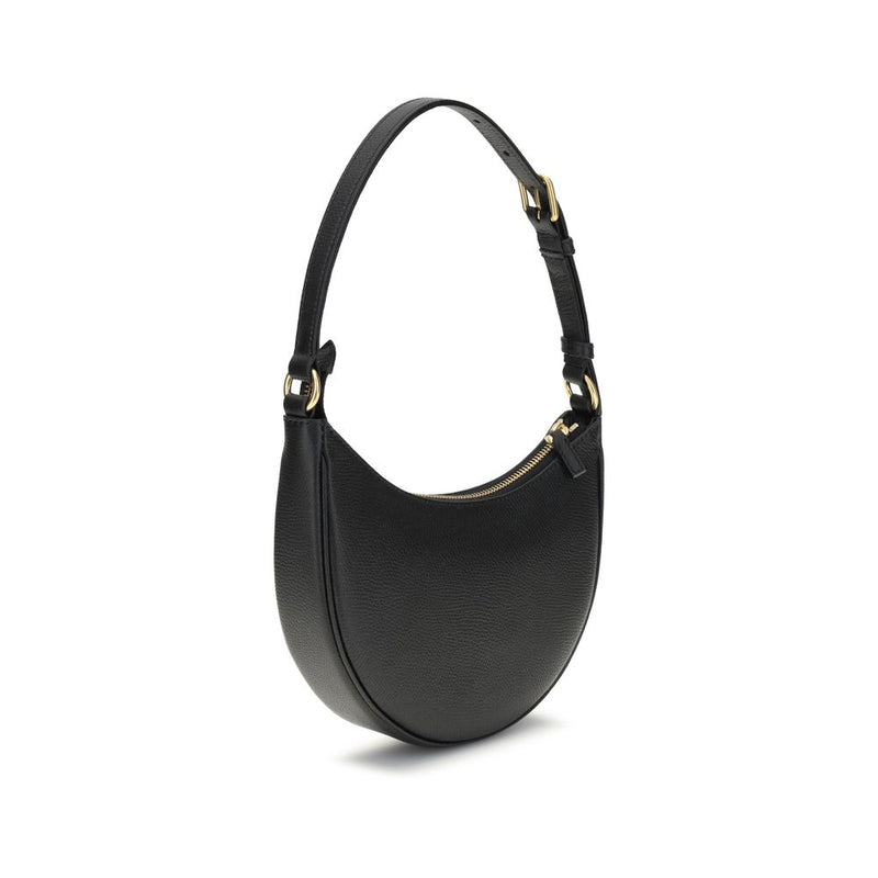 Black textured leather crescent shoulder bag with gold hardware