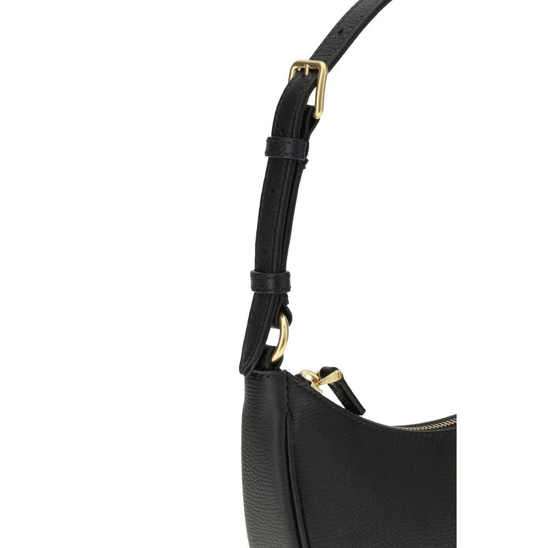 Black leather shoulder bag with gold-tone buckle strap