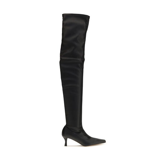 Black over-the-knee boot on a white background
