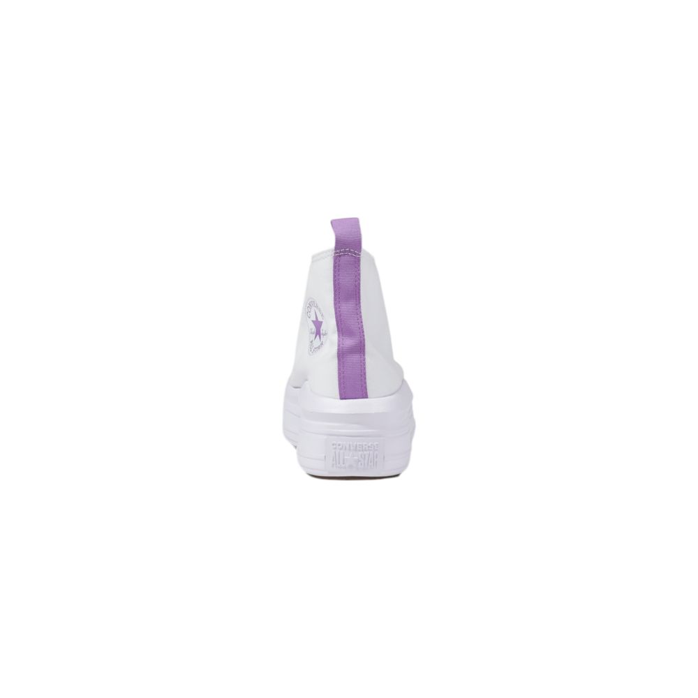 White sneaker with purple accents on a white background