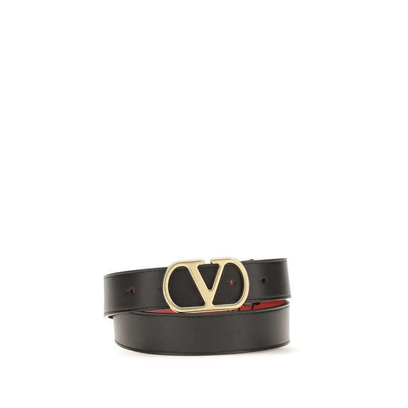 Black leather belt with a gold V logo buckle coiled on a white background