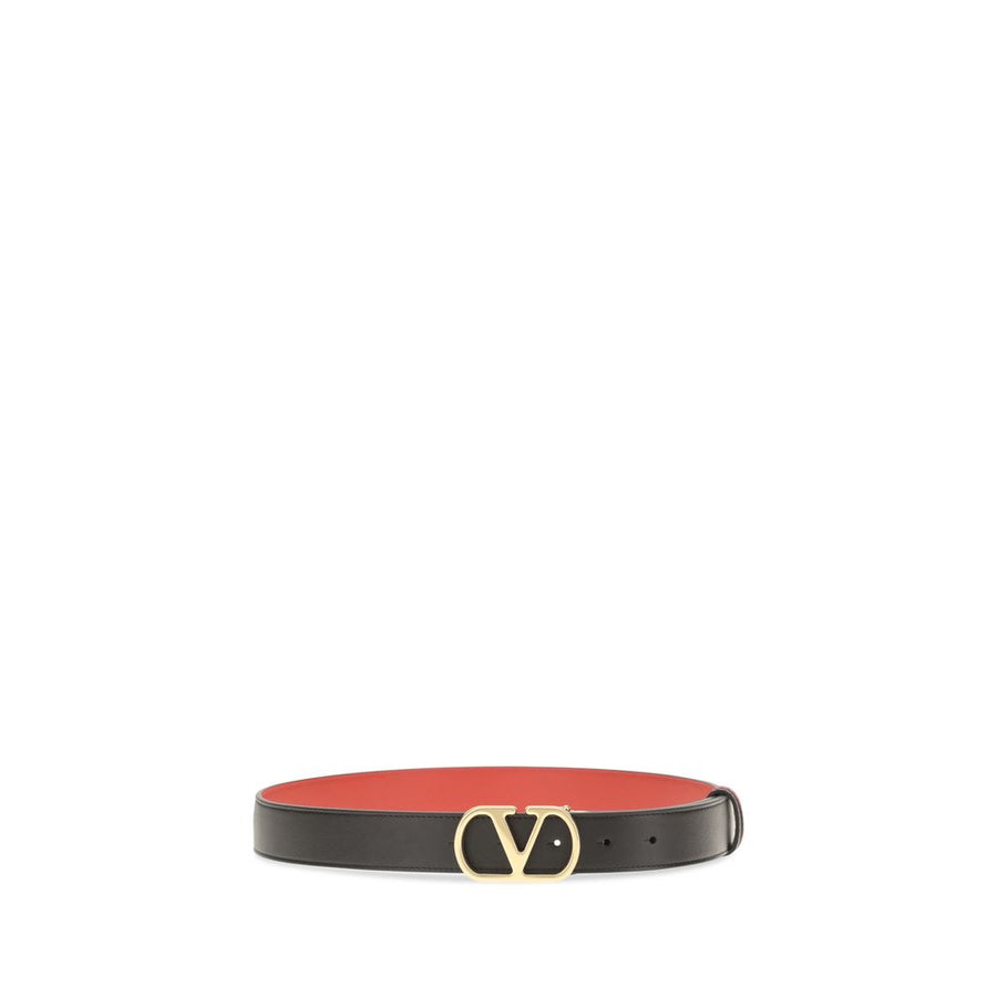 Black leather belt with a gold V logo buckle coiled on a white background