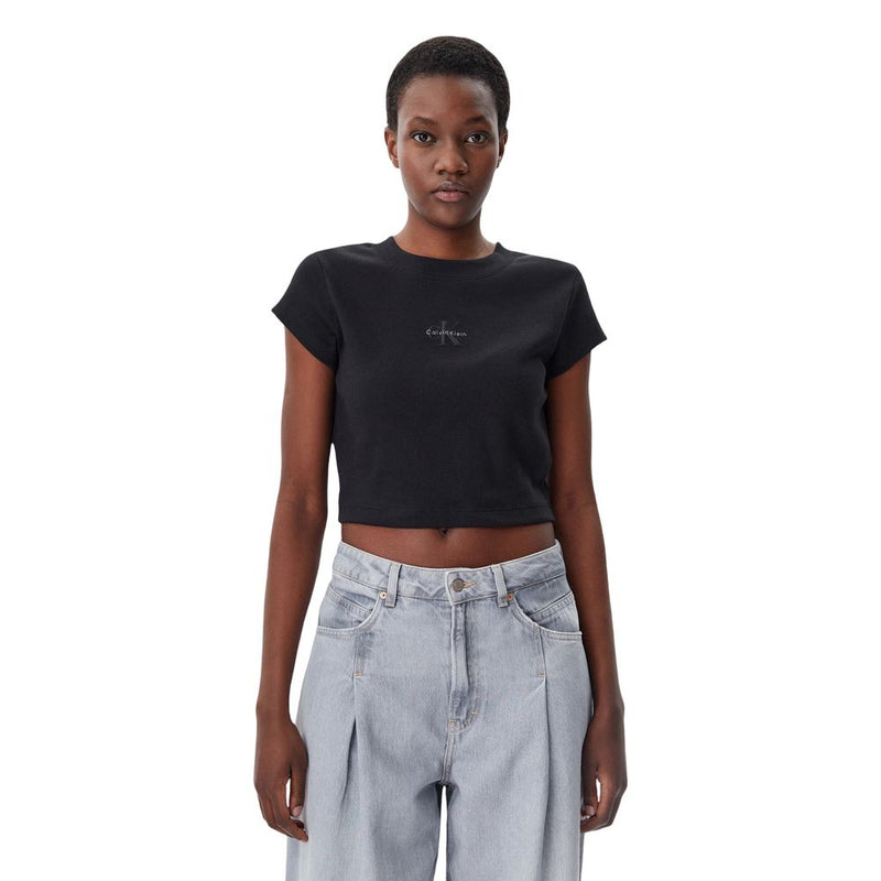 Black cotton short-sleeve crop t-shirt with crew neck and small chest logo