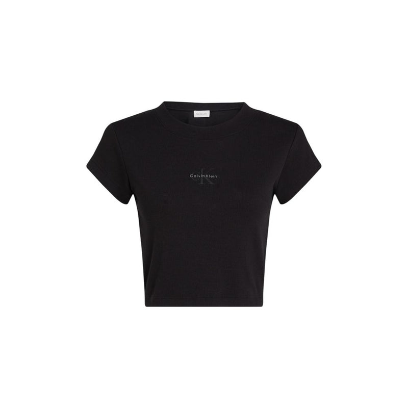 Black ribbed cotton short-sleeve crop t-shirt with a subtle centered Calvin Klein logo
