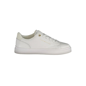 Tommy Hilfiger white polyurethane low-top sneaker with gold eyelet and side branding.