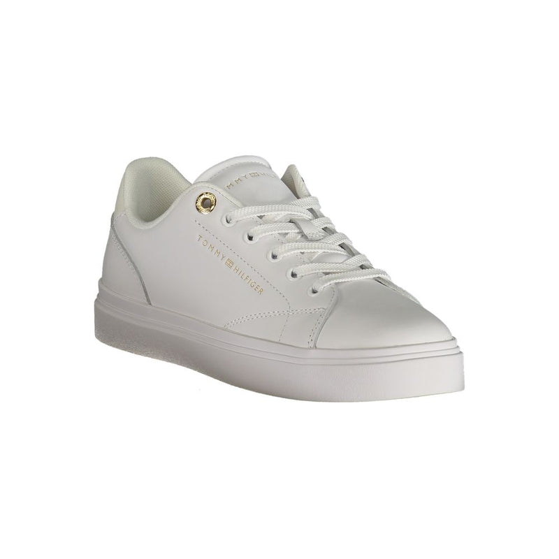 White Tommy Hilfiger polyurethane sneakers for women, featuring a classic low-top design with gold logo detailing.