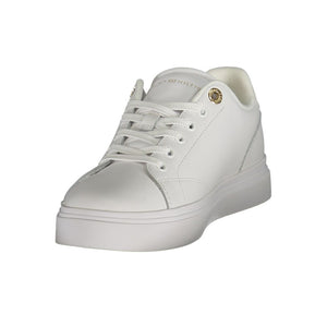 White Tommy Hilfiger polyurethane casual low-top sneaker with lace-up front and gold eyelet detail.