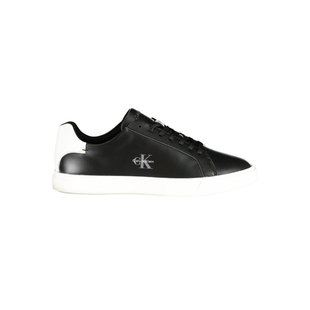 Calvin Klein women's black polyurethane sneaker with a white heel tab and sole, featuring a logo on the side.