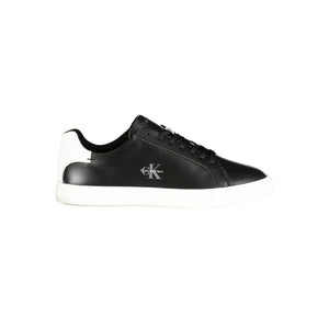Calvin Klein women's black polyurethane sneaker with a white heel tab and sole, featuring a logo on the side.