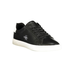 Calvin Klein black polyurethane lace-up sneaker for women with white sole and logo branding.