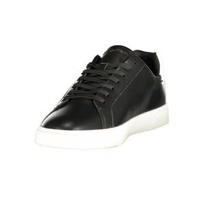 Calvin Klein women's black polyurethane sneaker with a sleek minimalist design and thick white rubber sole.