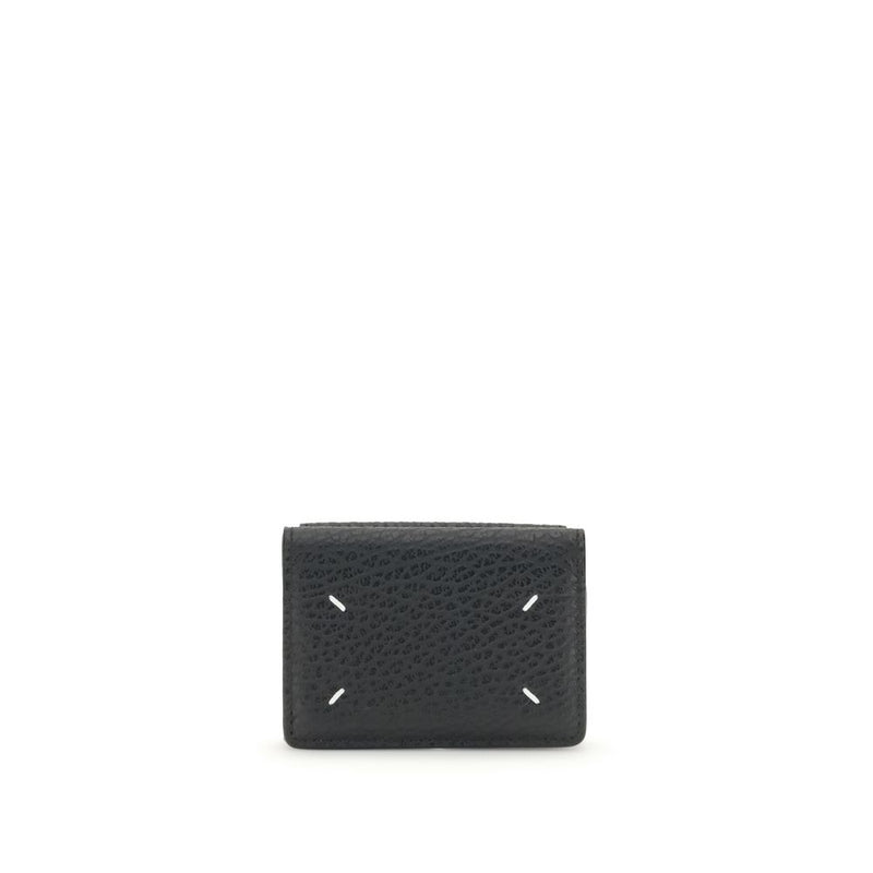 Black pebbled leather bifold wallet with white corner stitching