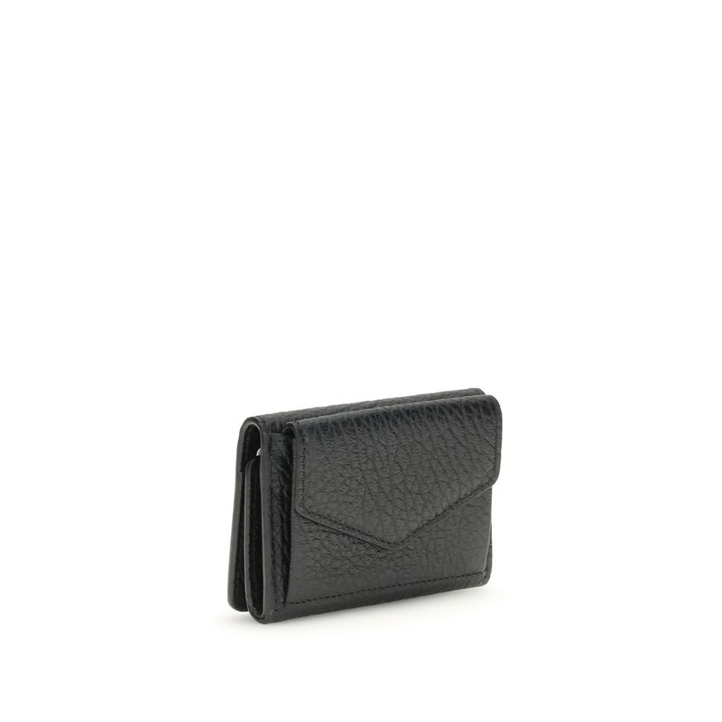 Black textured calf leather trifold wallet with an envelope flap closure