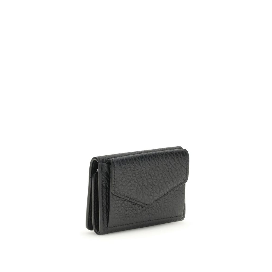 Black pebbled leather bifold wallet with white corner stitching
