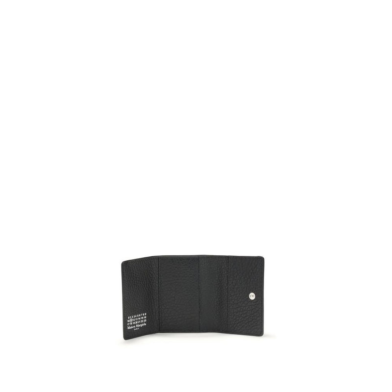 Black textured leather trifold wallet with numeric logo and snap closure