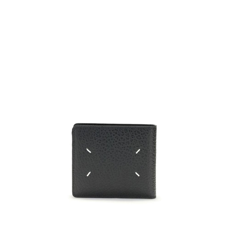 Black pebbled leather bifold wallet with four white stitches on the front