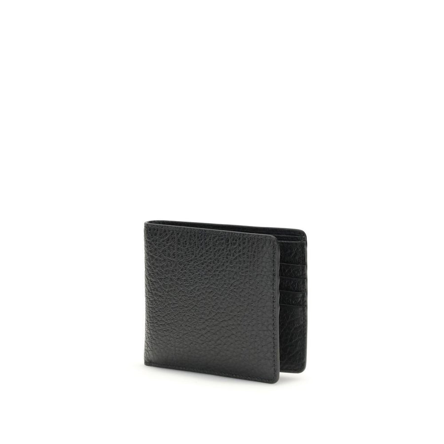 Black pebbled leather bifold wallet with four white stitches on the front