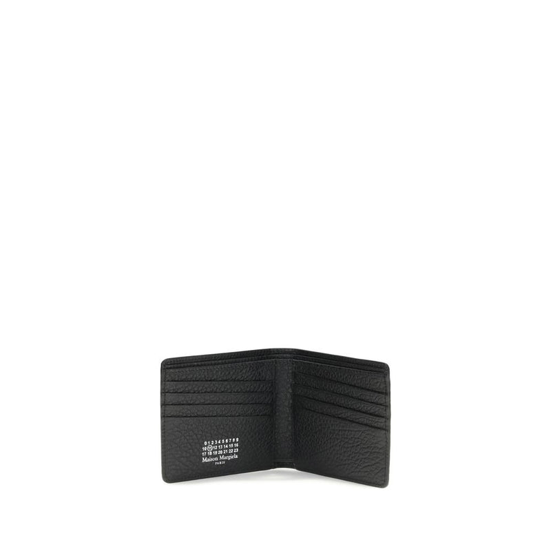 Open black leather wallet with multiple card slots and branded number logo inside