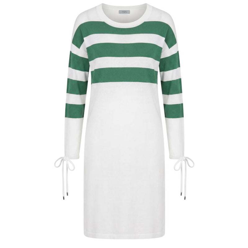Malo white and green striped cotton long sleeve dress with tie cuffs
