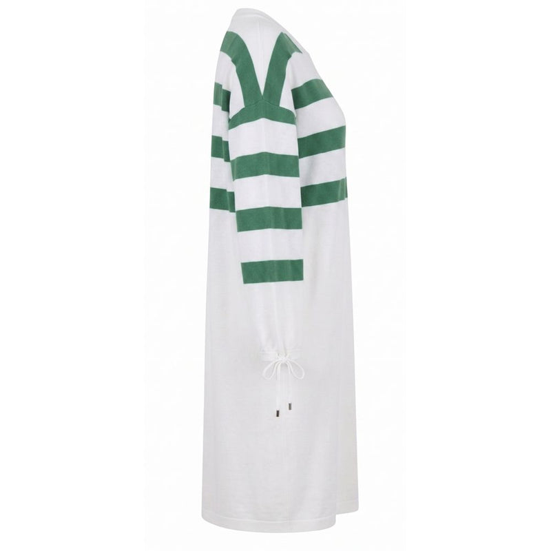 White cotton women's dress with green stripes and long sleeves