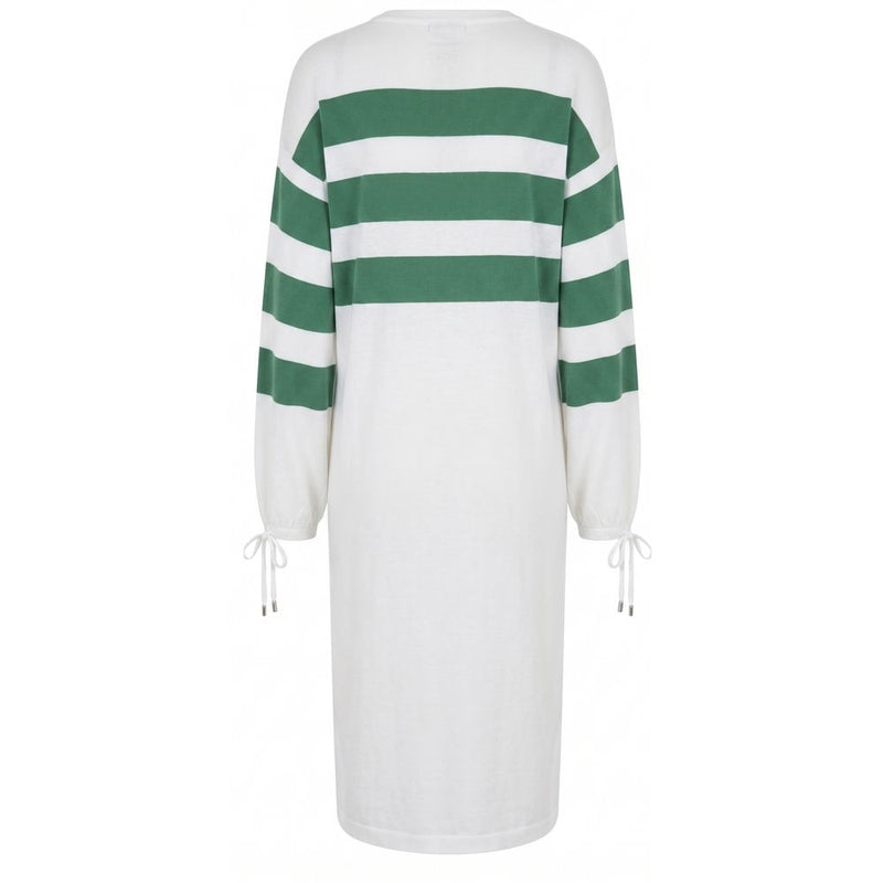 White and green striped cotton long-sleeve midi dress with cuffed ties
