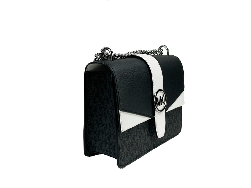 Black and white leather flap shoulder bag with MK logo print and silver chain strap