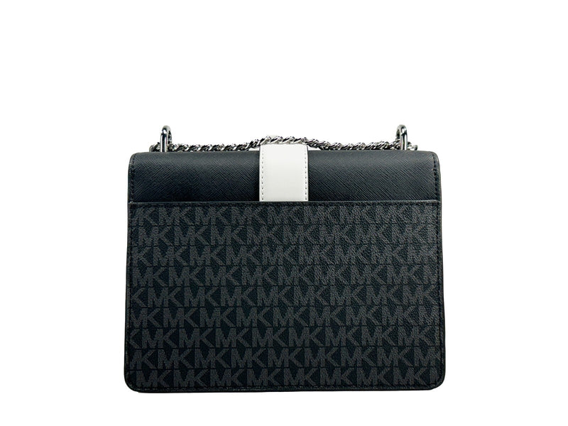 Black and white leather monogram print flap crossbody bag with silver chain strap