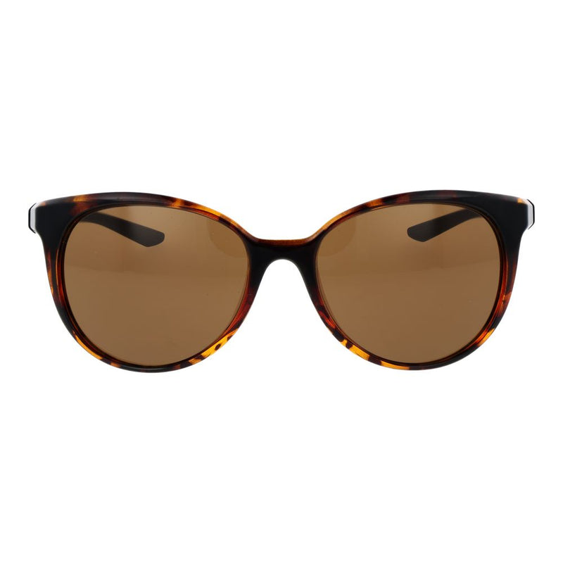Brown tortoiseshell plastic sunglasses with rounded frames and dark brown lenses