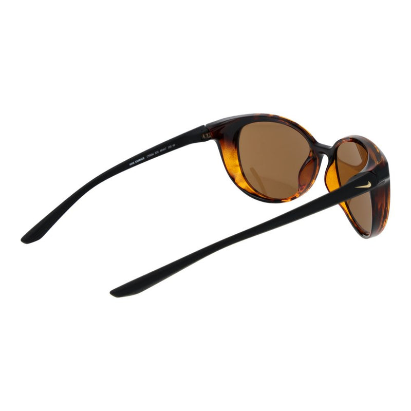 Tortoiseshell brown plastic sunglasses with black arms and gold Nike swoosh