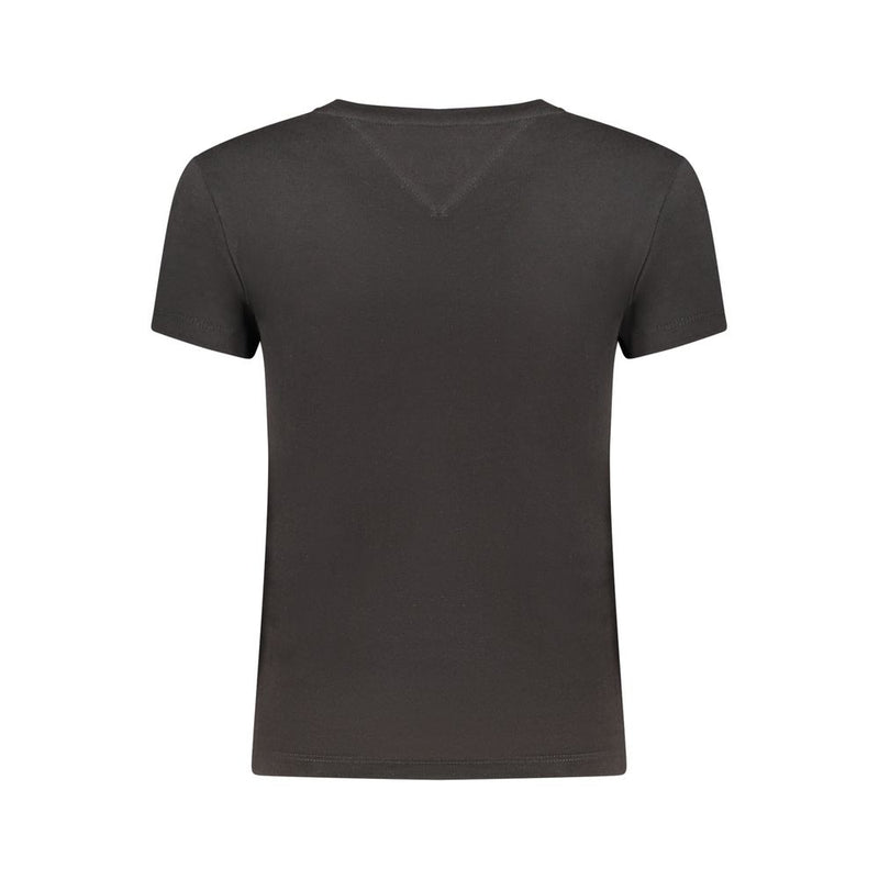 Back of a black cotton women's t-shirt with short sleeves