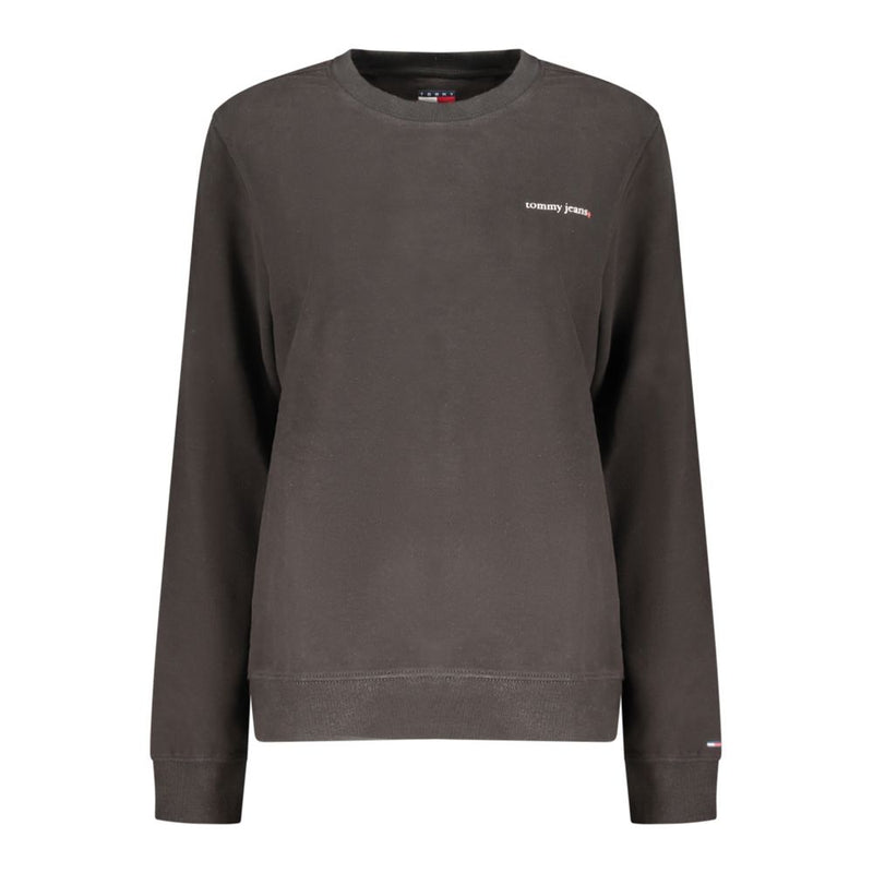 Black cotton crewneck sweatshirt with long sleeves and subtle white chest logo lettering
