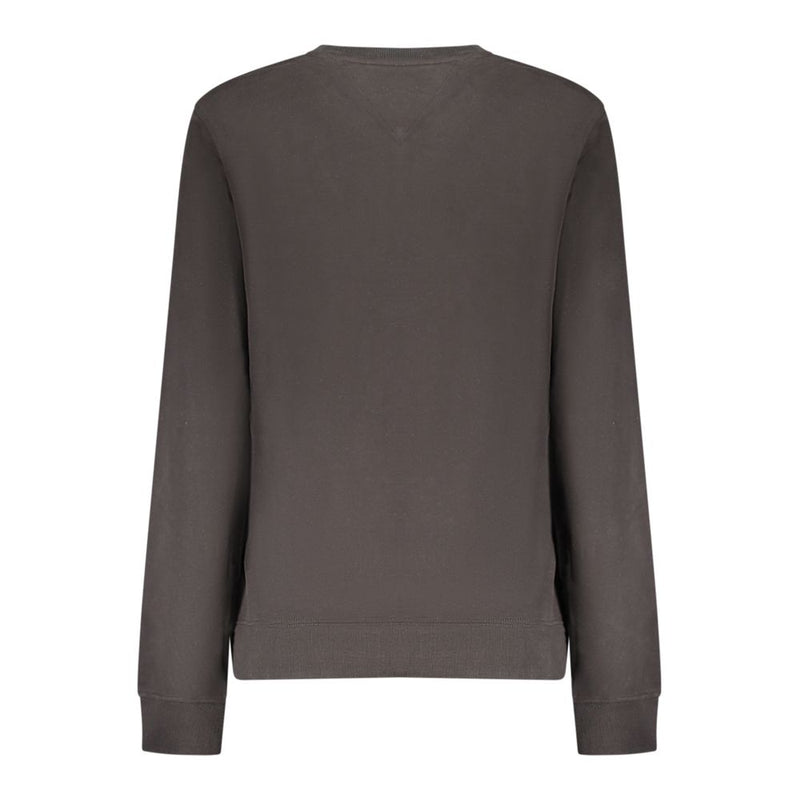 Back view of a plain black cotton long-sleeve women's sweatshirt with ribbed cuffs and hem