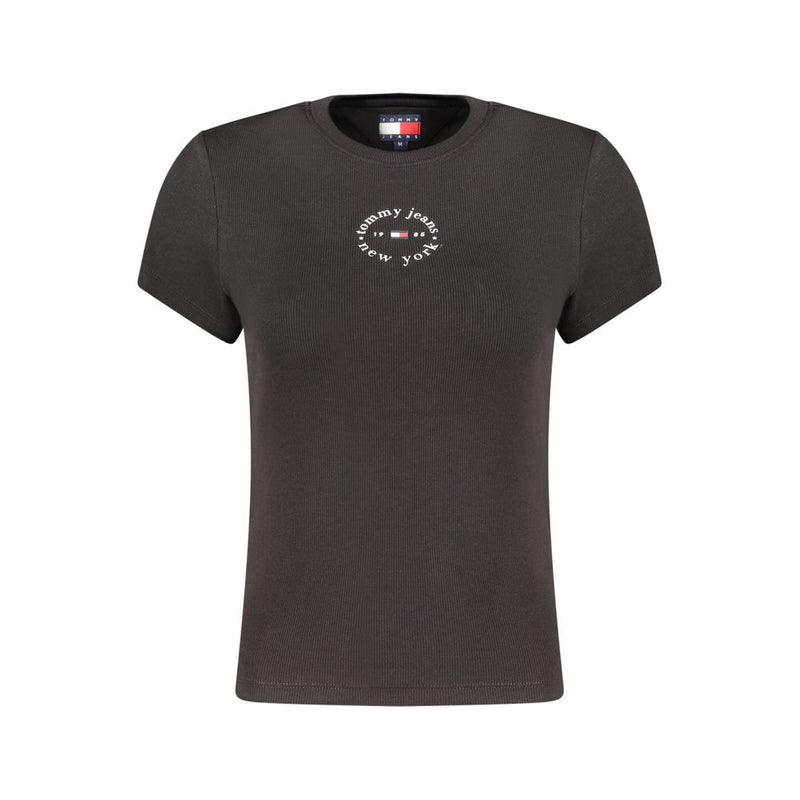 Black ribbed cotton women's short-sleeve t-shirt with a round neckline and round chest logo