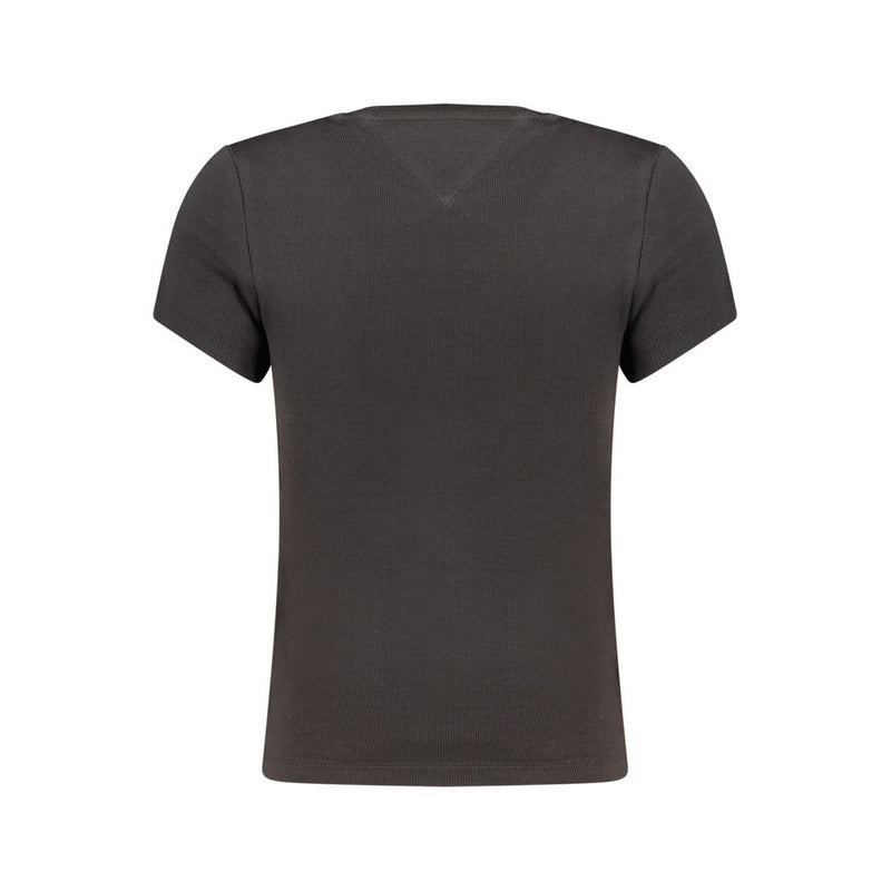 Back view of a plain black cotton women's t-shirt with short sleeves